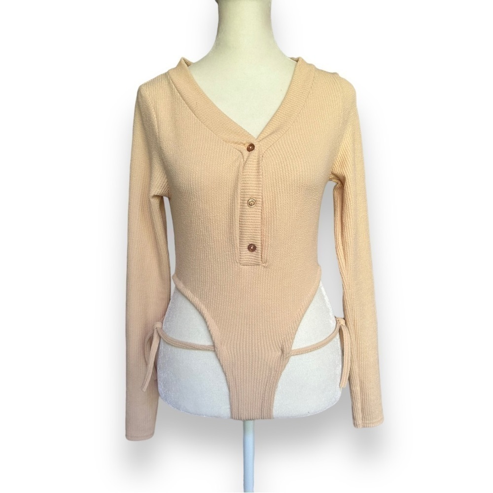 Prettylittlething Sand Rib Button Front Drawstring Cut Out Crop Faux Bodysuit